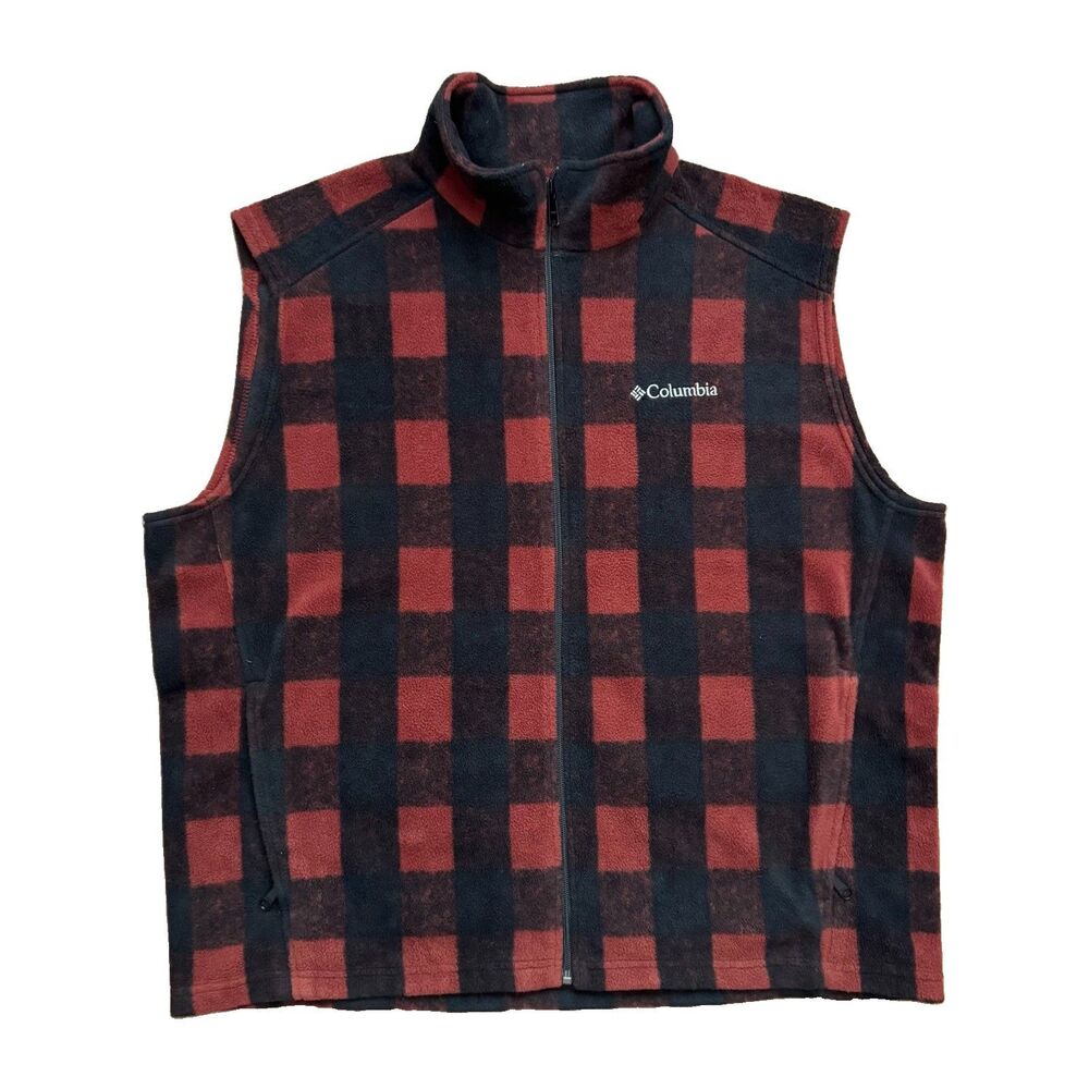 Columbia Sportswear Red Black Plaid Zip-Up Checkered Vest Mens Size XL Outdoor
